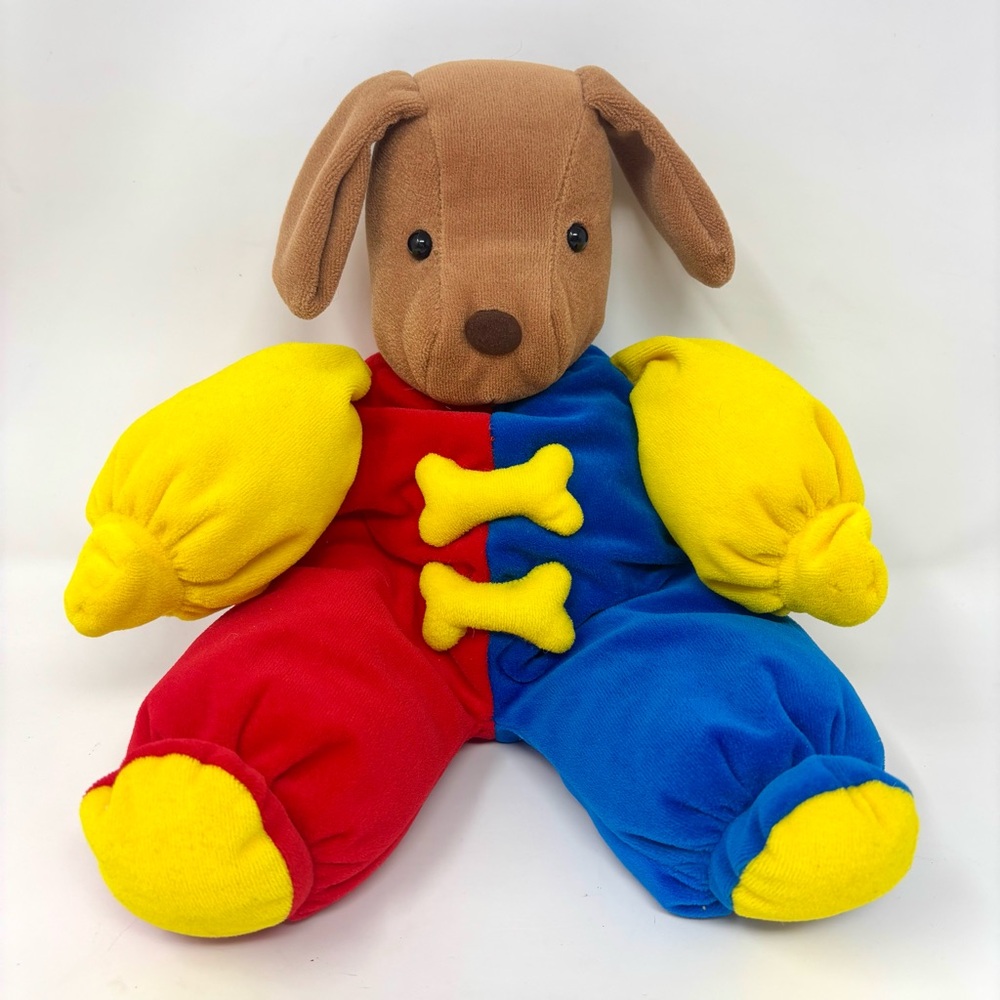 PJ Toys Plush Circus Clown Puppy Dog Stuffed Colorblock Red Blue Yellow HTF Rare
